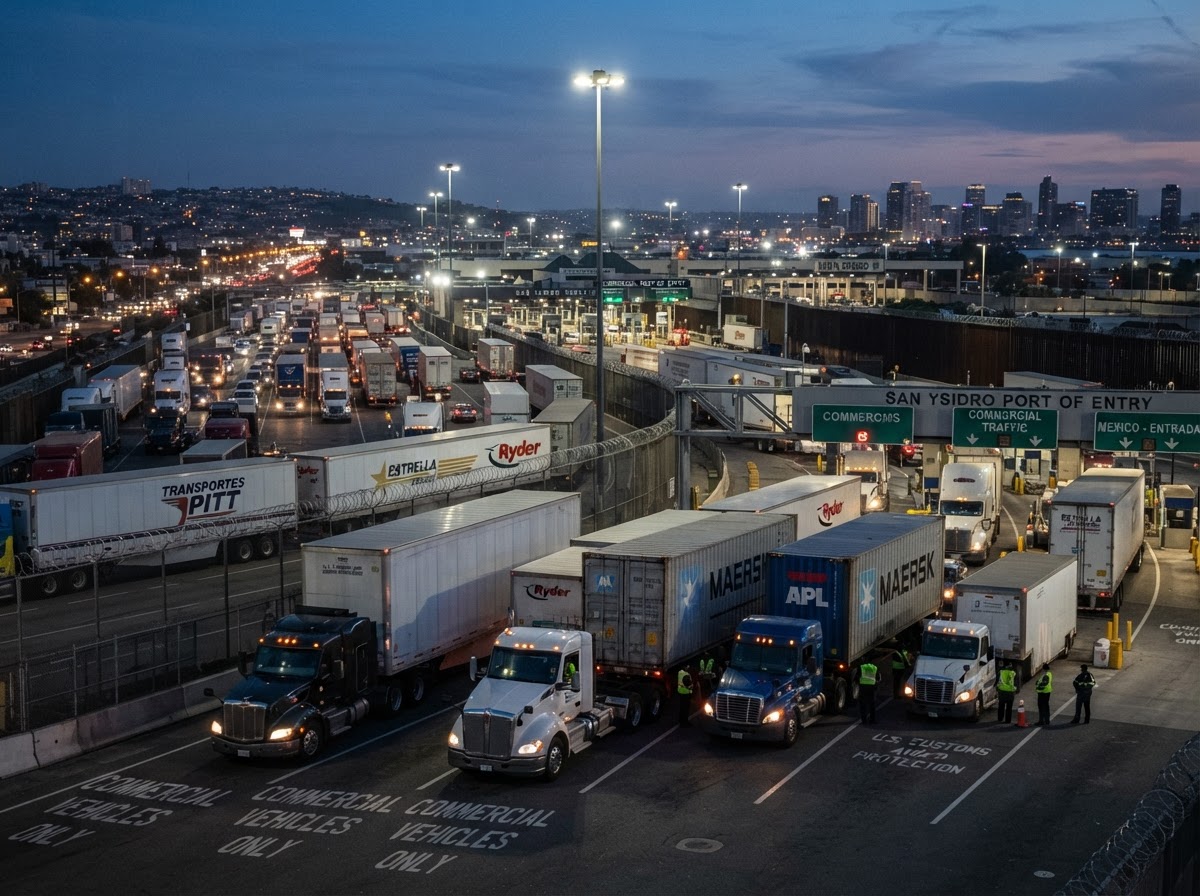 San Ysidro border crossing with freight trucks moving between San Diego and Tijuana