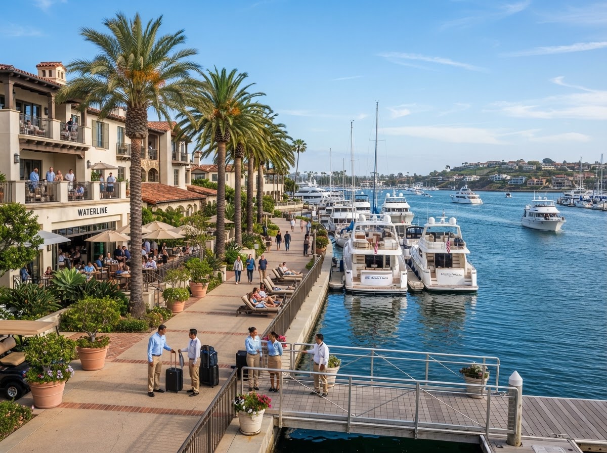Newport Beach waterfront hotel and harbor with yachts and palm trees