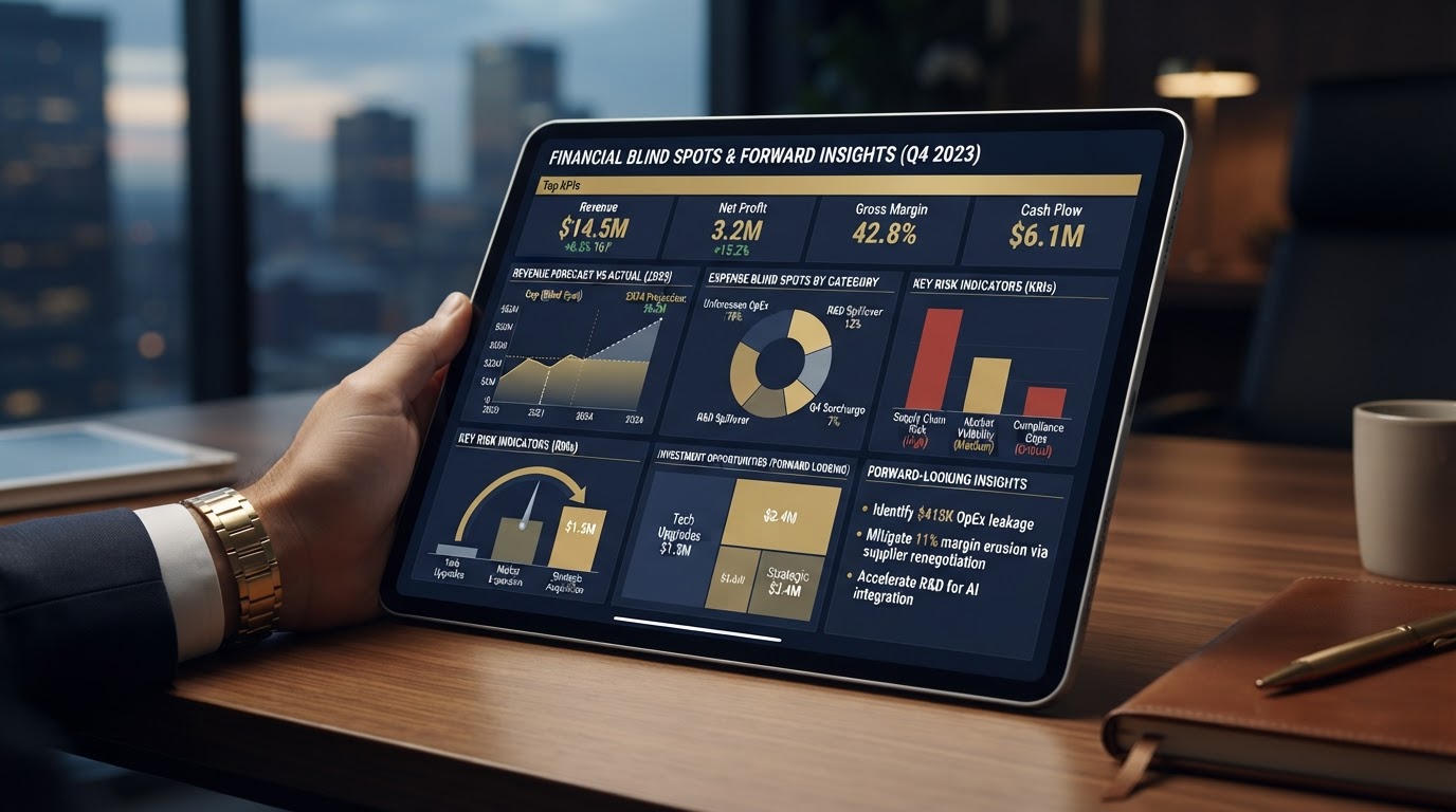 Business dashboard with financial charts, graphs, and KPIs on a tablet, representing financial visibility and forward-looking insights