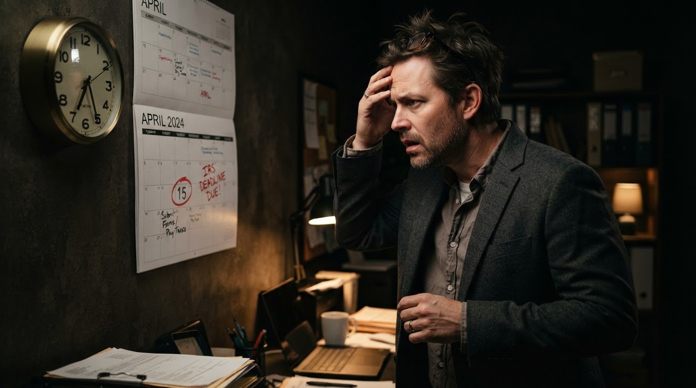 A stressed business owner marking an IRS response deadline on a wall calendar