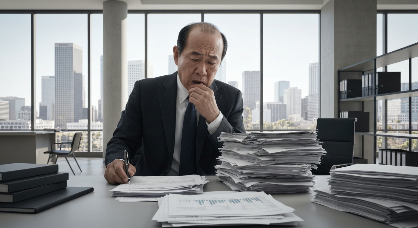 Stressed business owner dealing with financial documents in a Los Angeles office