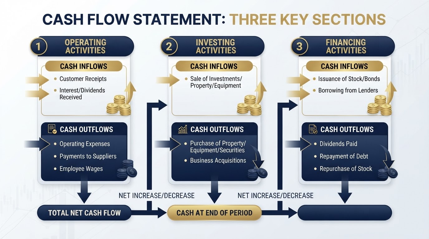 Three sections of a cash flow statement: operating, investing, and financing activities as connected columns