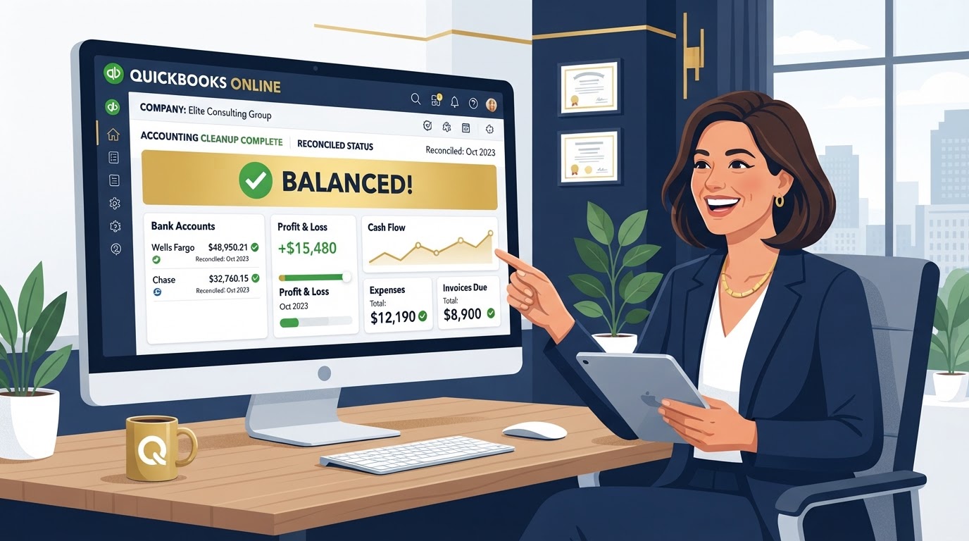 Clean reconciled QuickBooks dashboard with green checkmarks and accurate balances, representing the result of professional bookkeeping cleanup