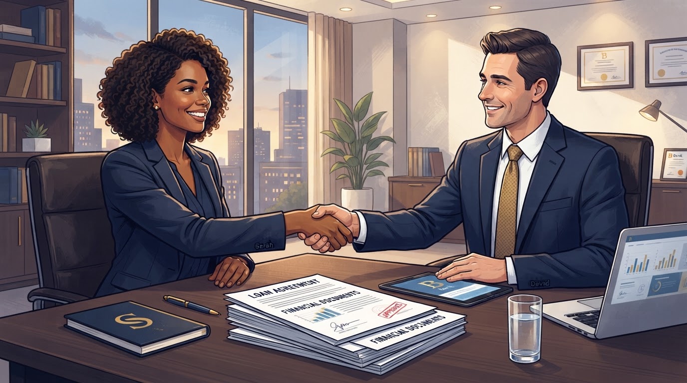 Confident business owner shaking hands with a lender after loan approval
