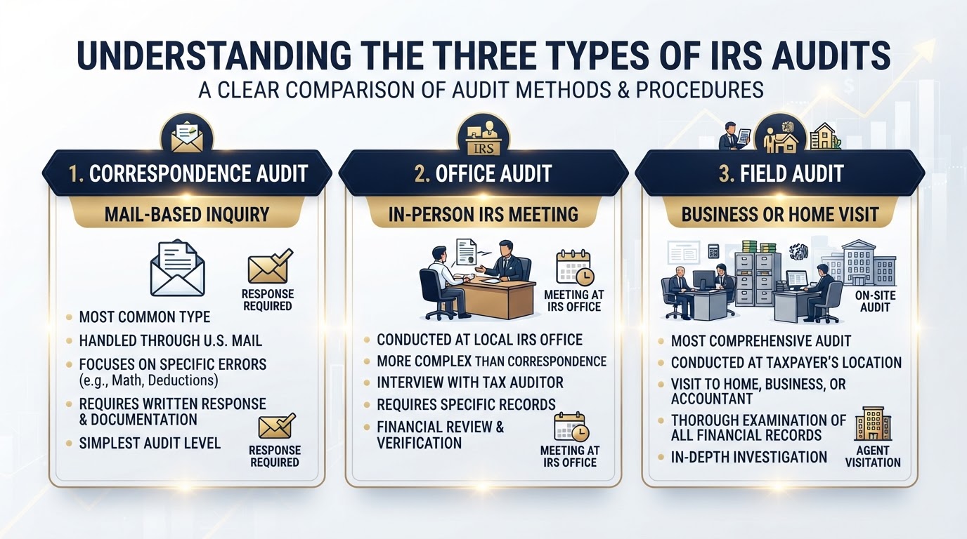 Three types of IRS audits: correspondence, office, and field