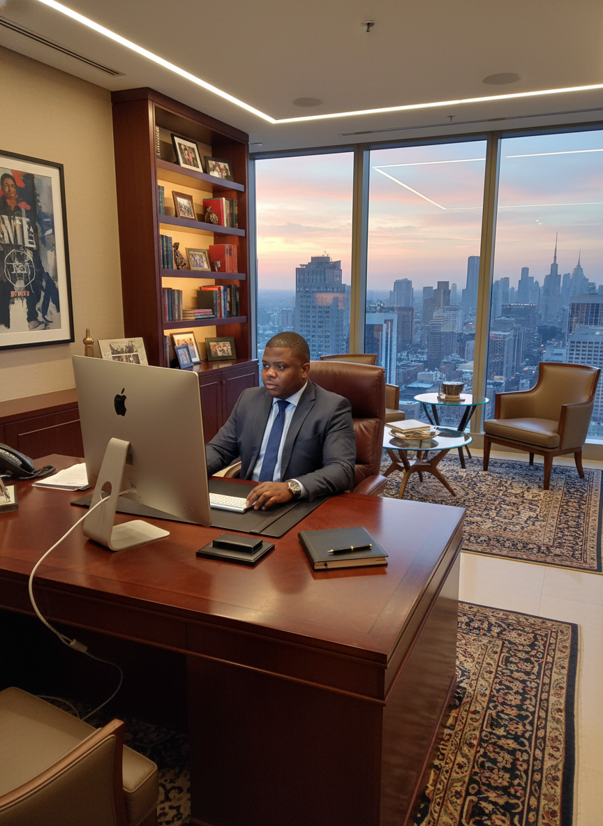 Wiyao Awesso at desk with sunset city view