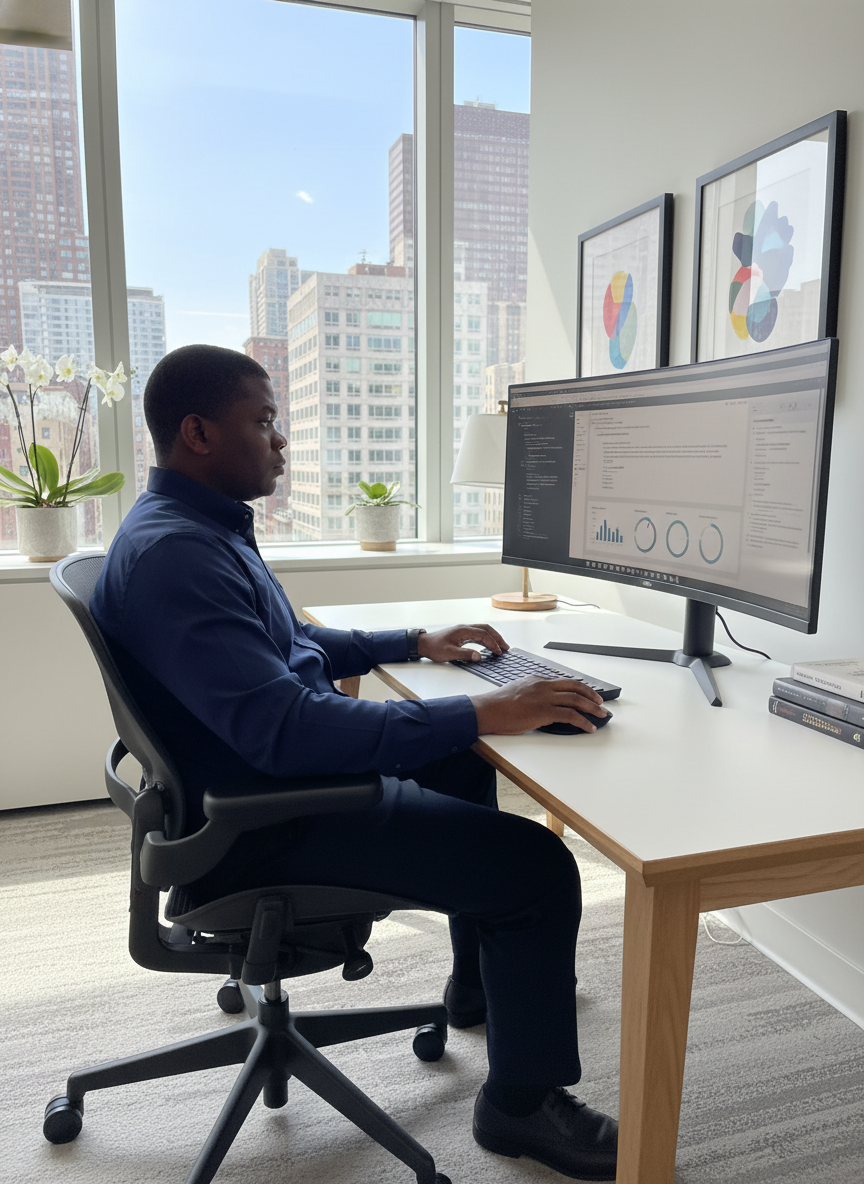 Wiyao Awesso at dual monitor workstation