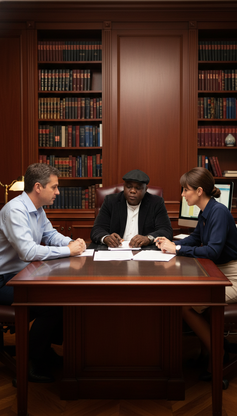 Client meeting in executive office with bookshelves