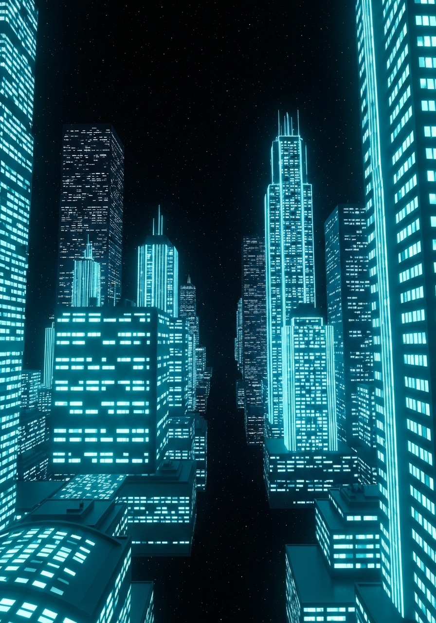 Futuristic neon city buildings representing real estate agency automation in UK