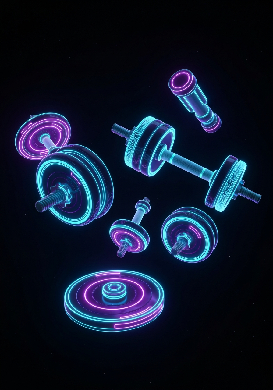 Futuristic neon dumbbell representing gym and fitness center automation in UK