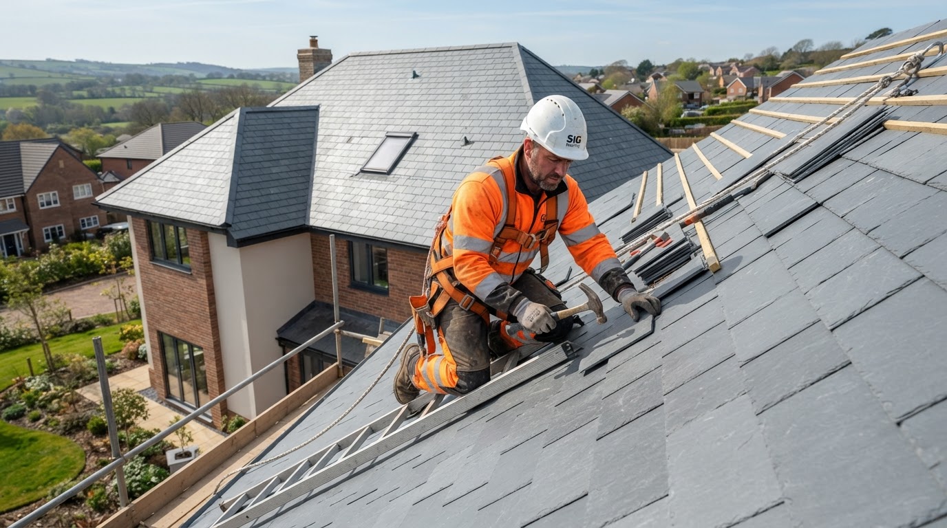 Professional roofer installing slate roof tiles on a residential house