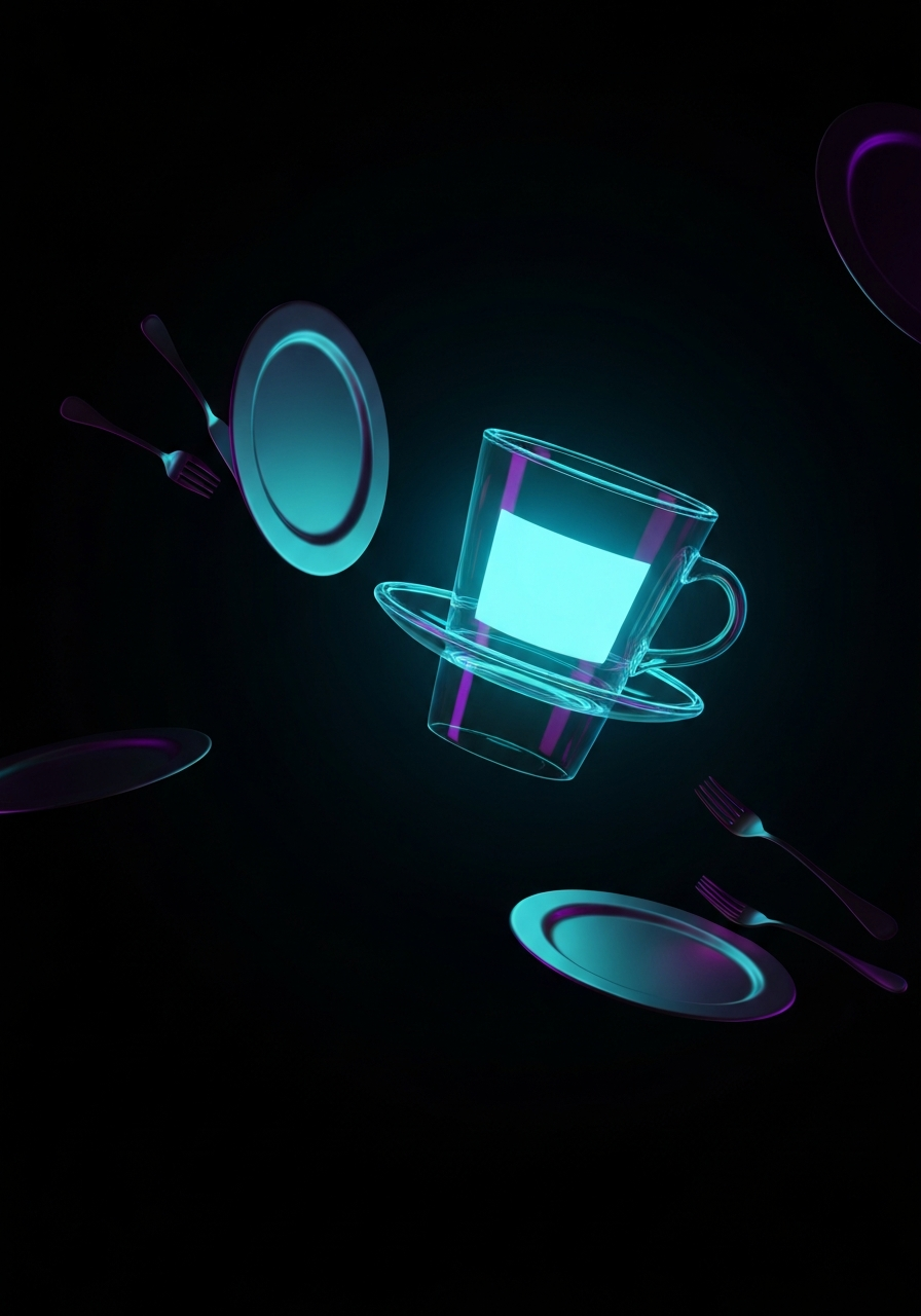 Futuristic neon coffee cup representing restaurant and cafe automation in UK
