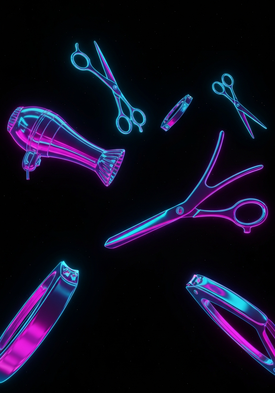 Futuristic neon scissors representing beauty salon automation in UK