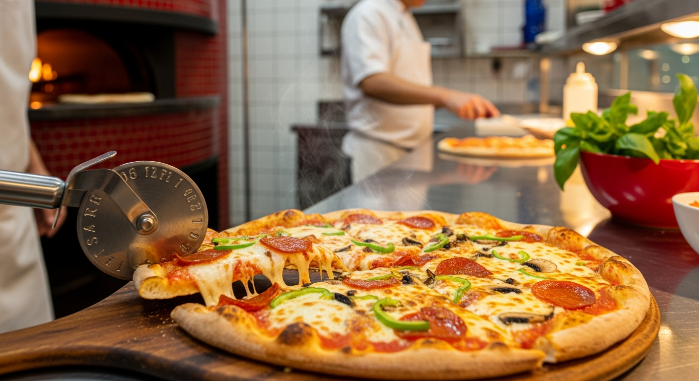 Fresh pizza in a bustling kitchen