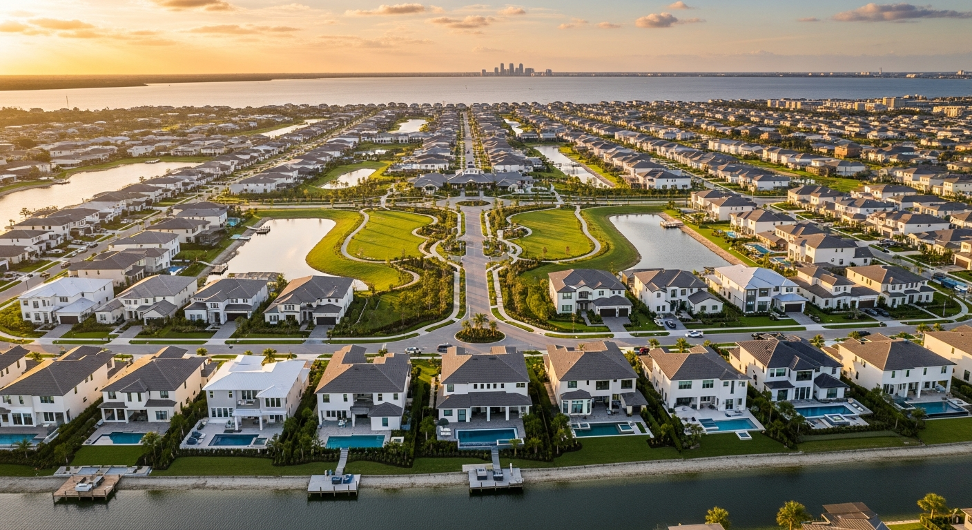 New residential housing development at golden hour