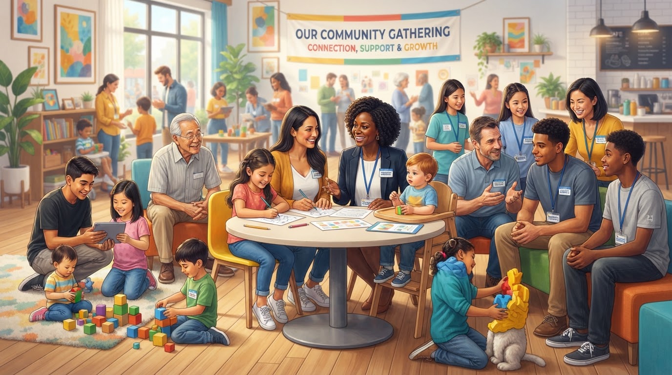 Families and professionals gathered in conversation