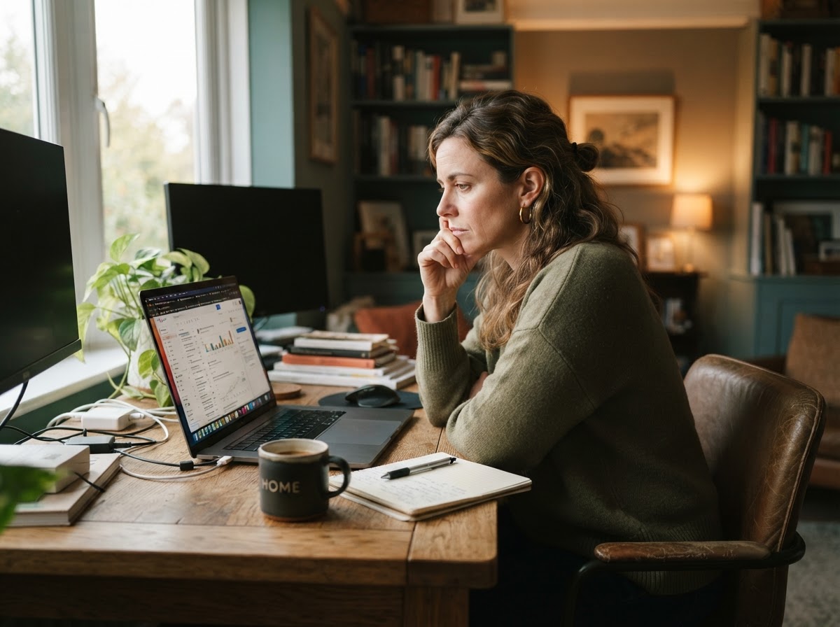 A professional working alone at her desk, carrying the weight of solo practice