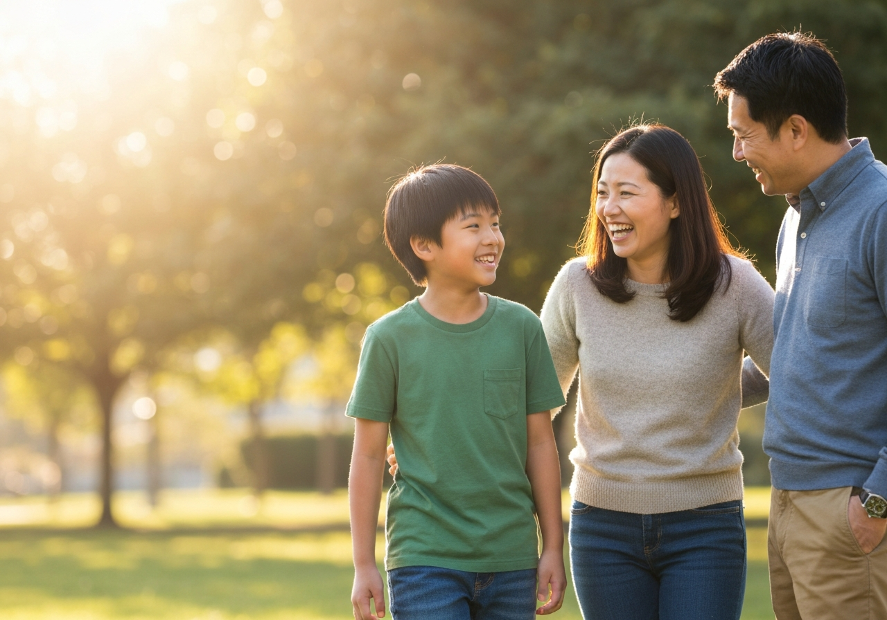 Asian family connecting outdoors in the park