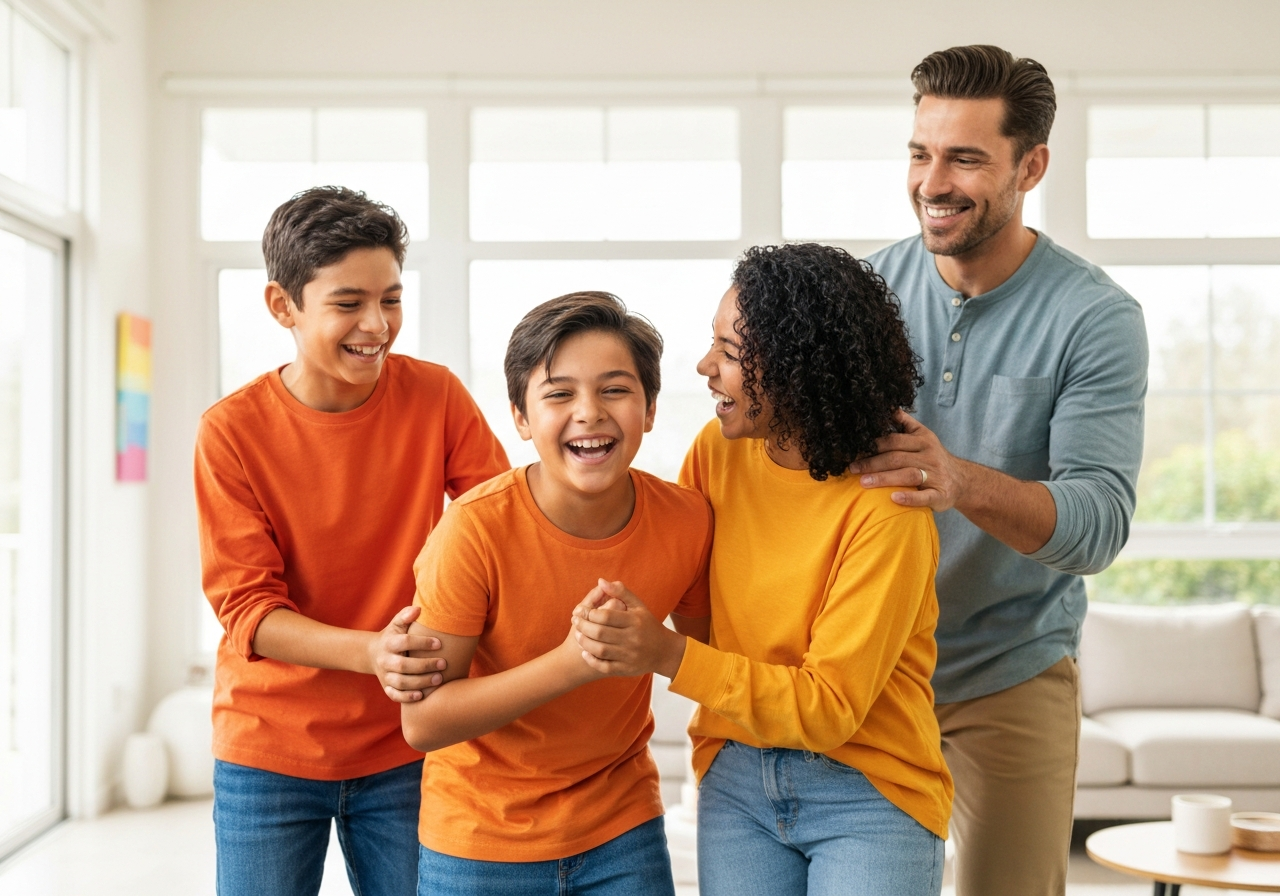 Happy Hispanic family laughing together in a bright home