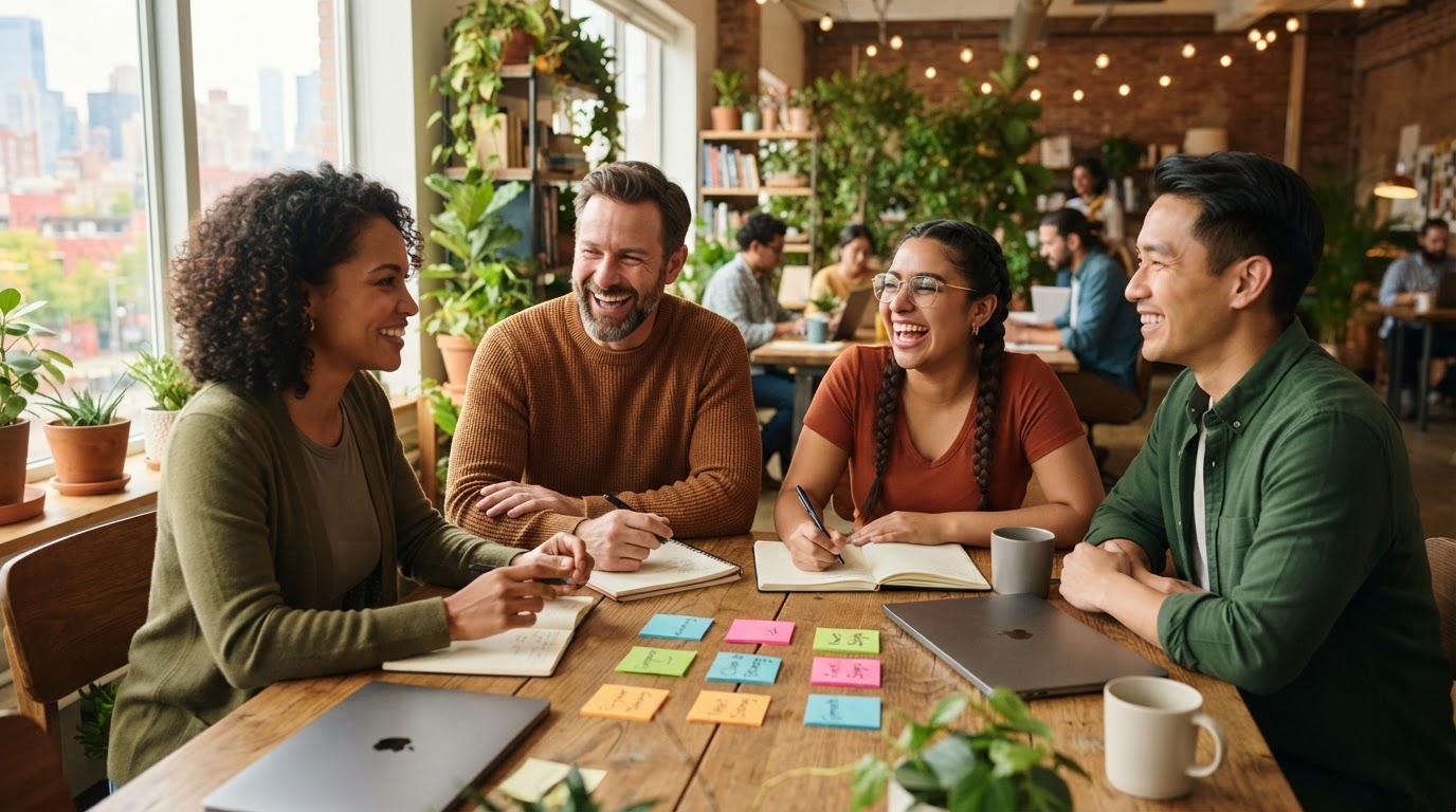 Professionals collaborating around a table in a bright coworking space