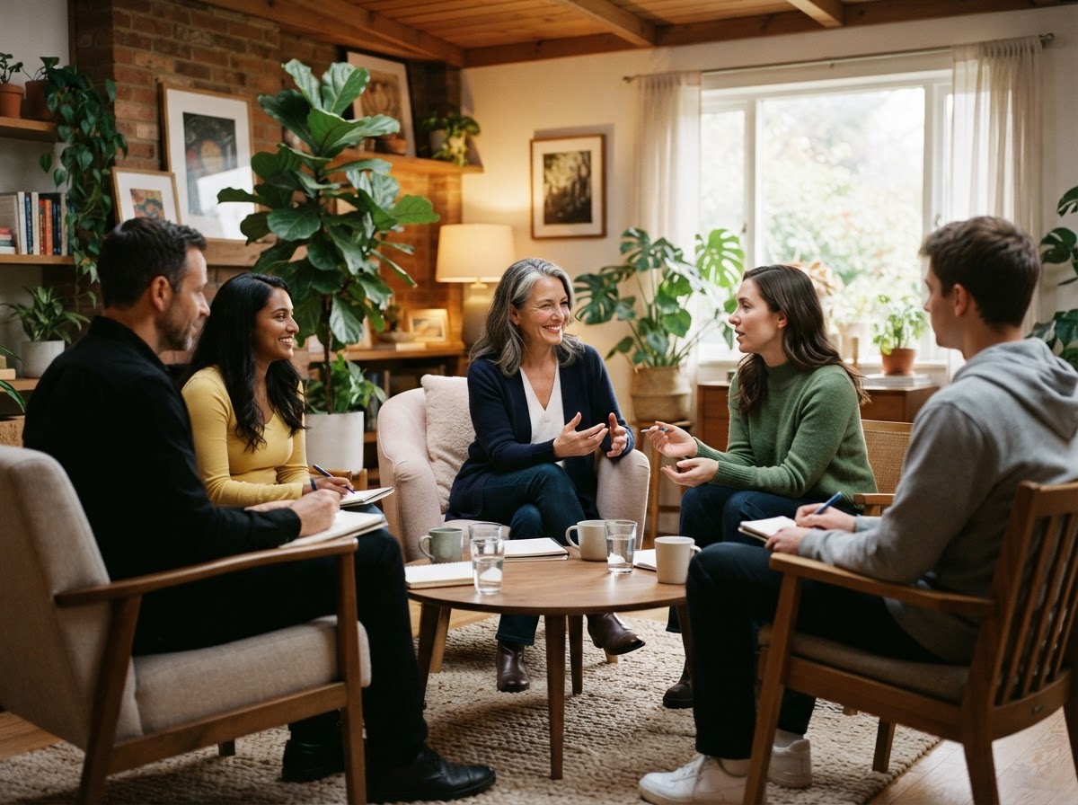 A mentor guiding a small group of professionals in an intimate coaching circle