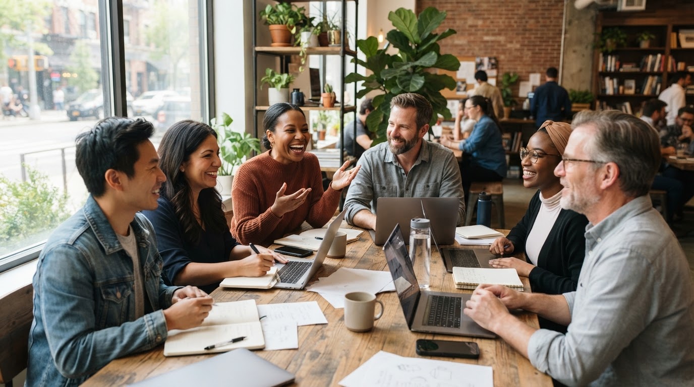 Professionals collaborating around a table in a bright coworking space
