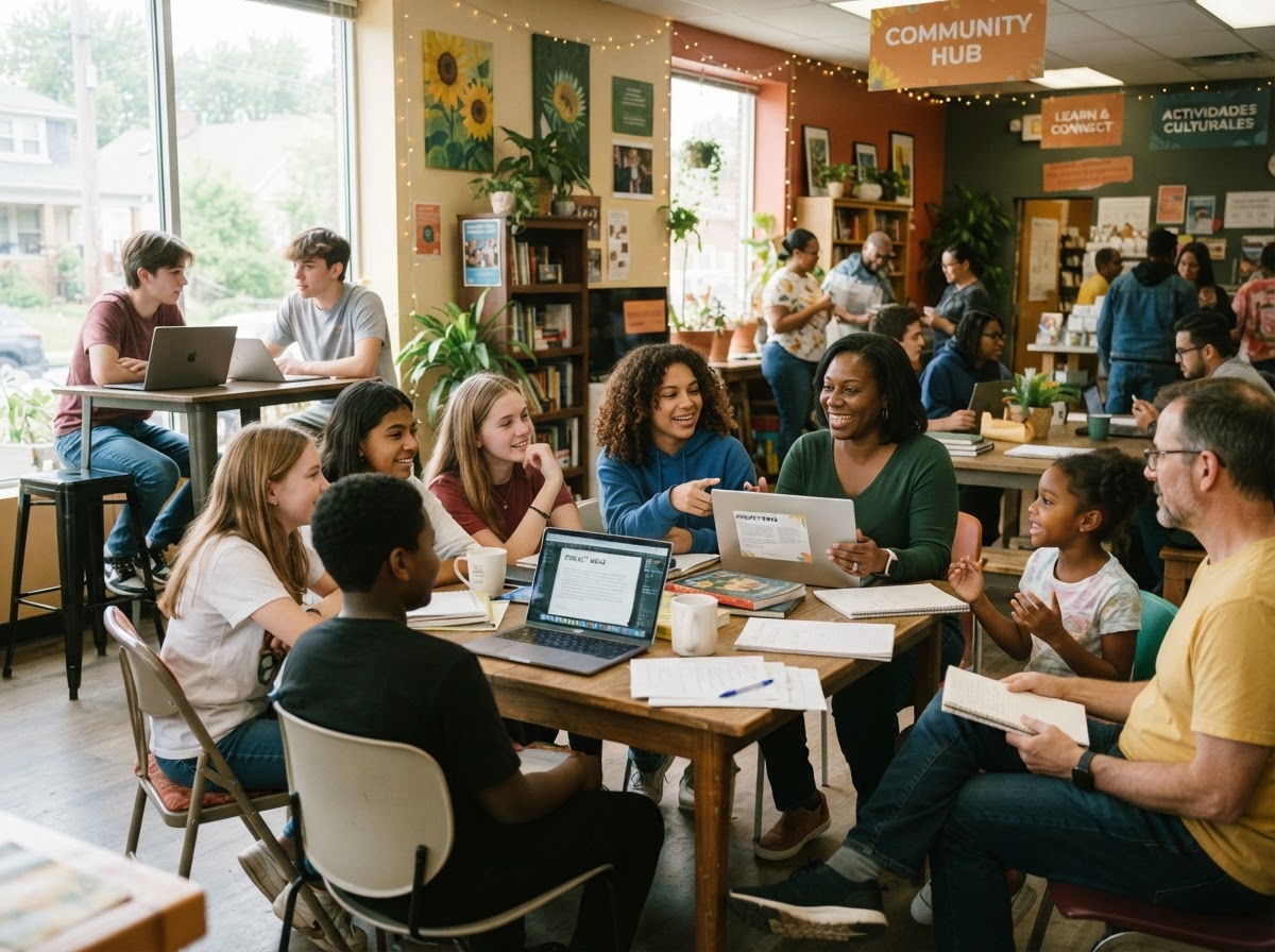 Families and older kids gathered in conversation with professionals