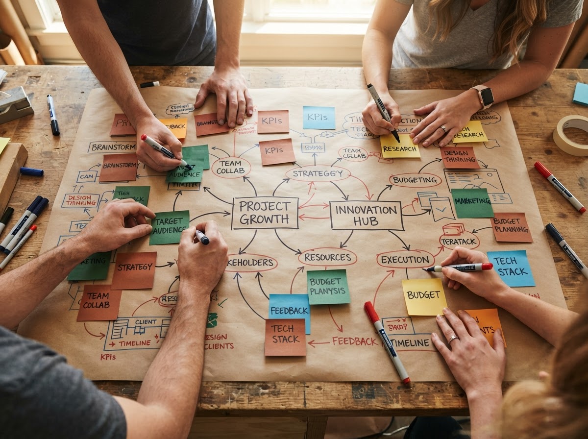 Hands collaboratively building a colorful network mind map with sticky notes