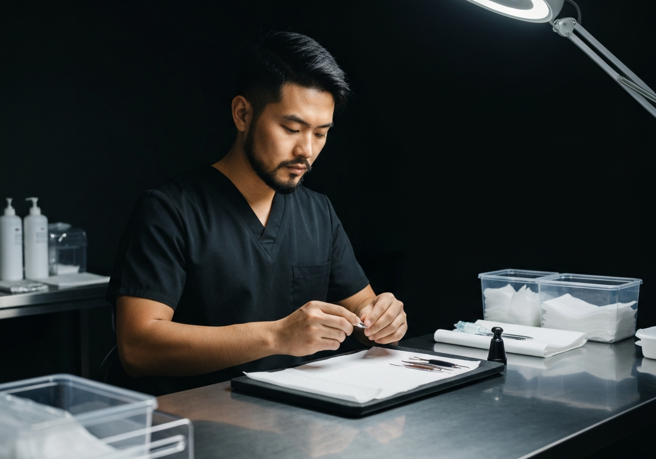 Professional body art practitioner setting up sterile equipment