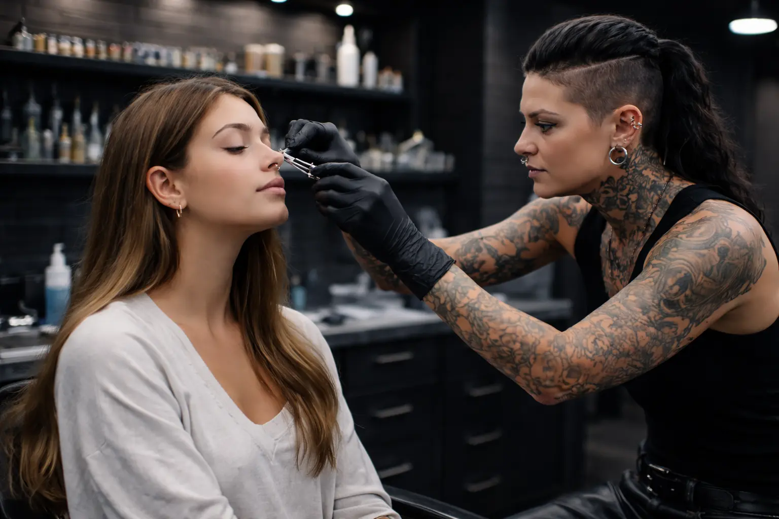 Body piercer working on a client in a clean studio