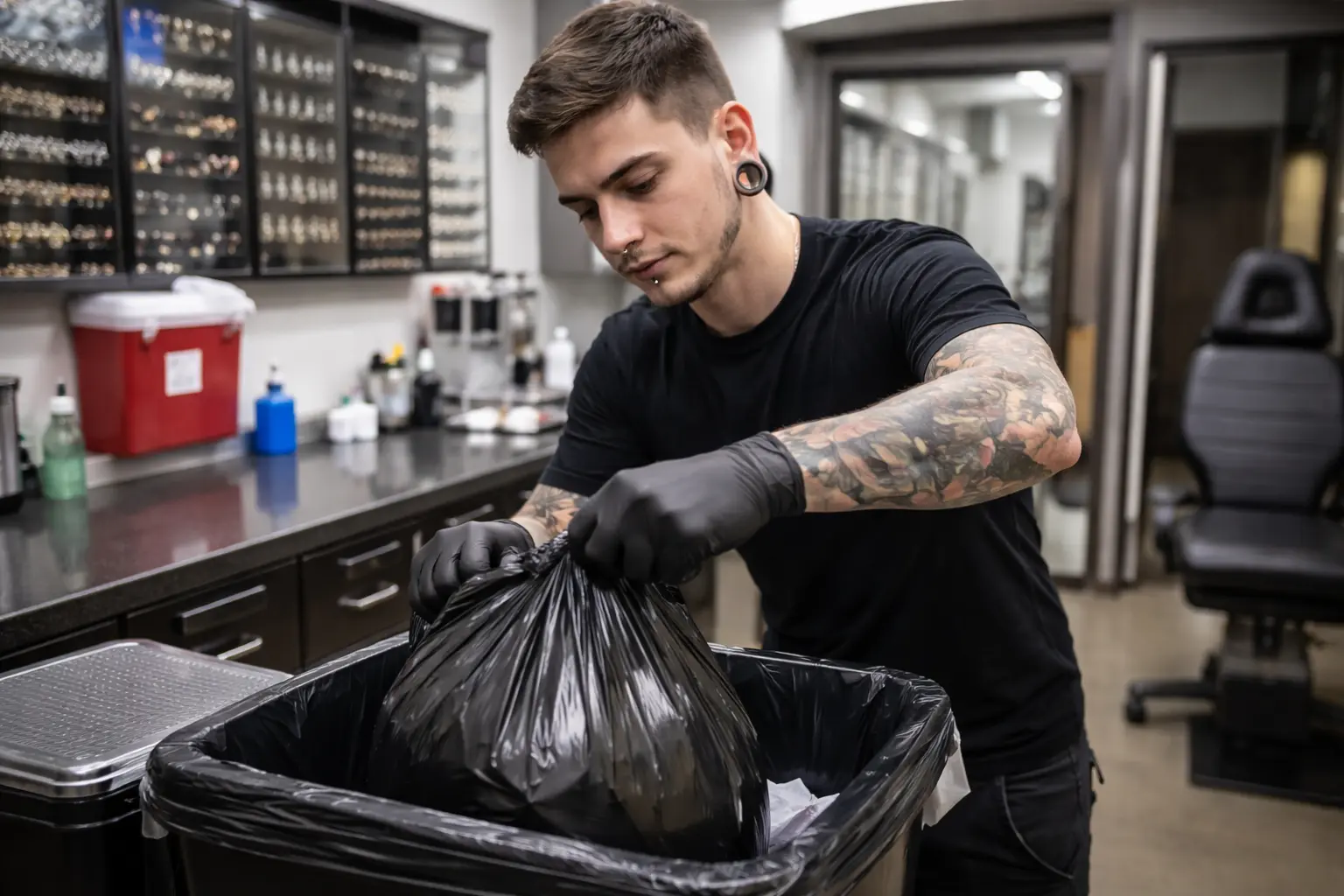 Staff handling waste in a body art studio