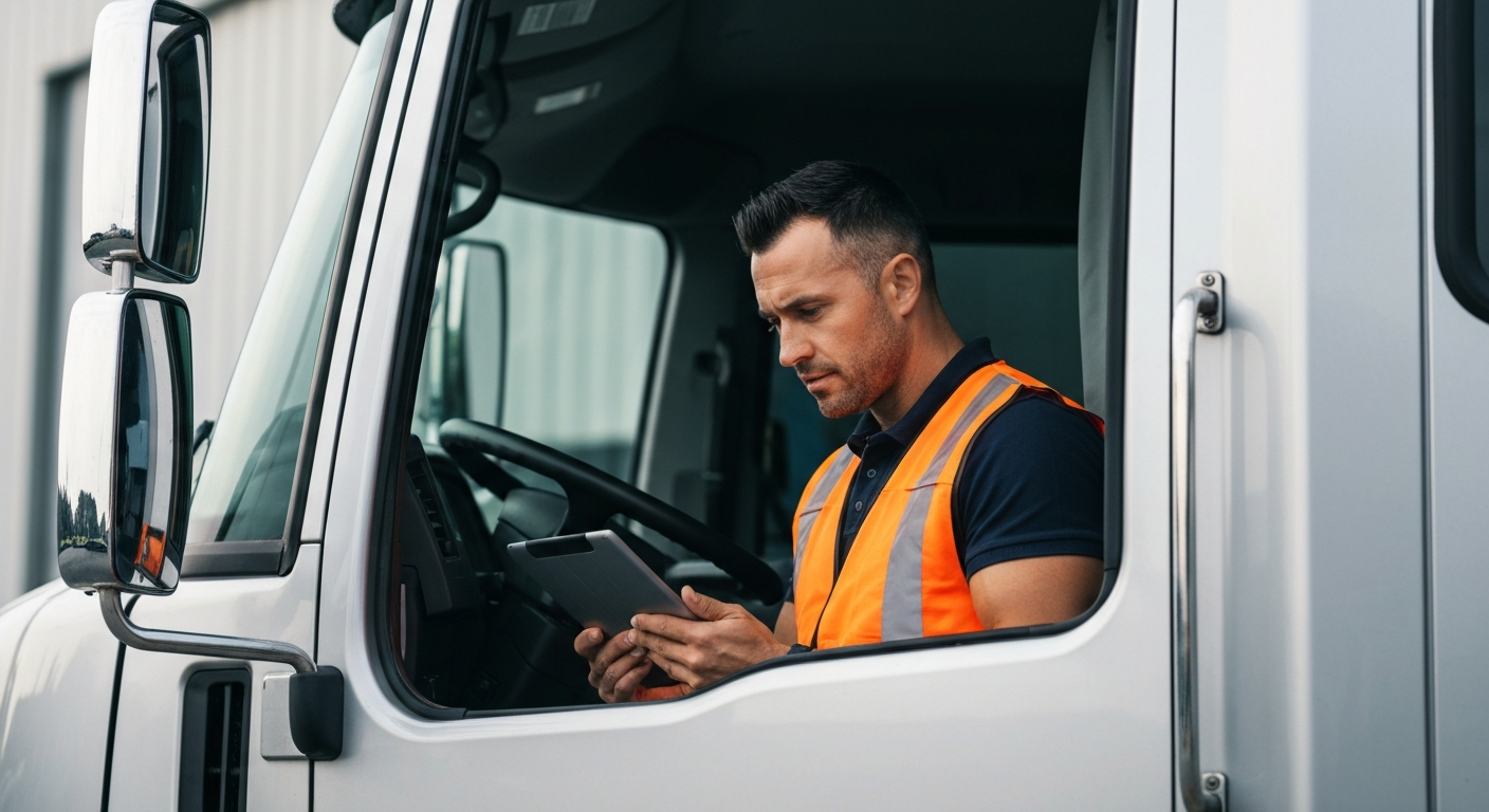 Driver checking schedule on tablet