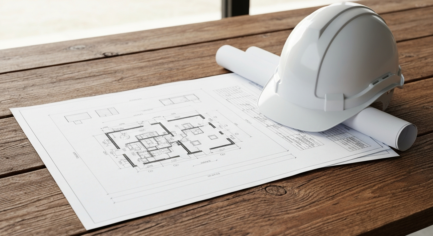 Construction blueprints and hardhat