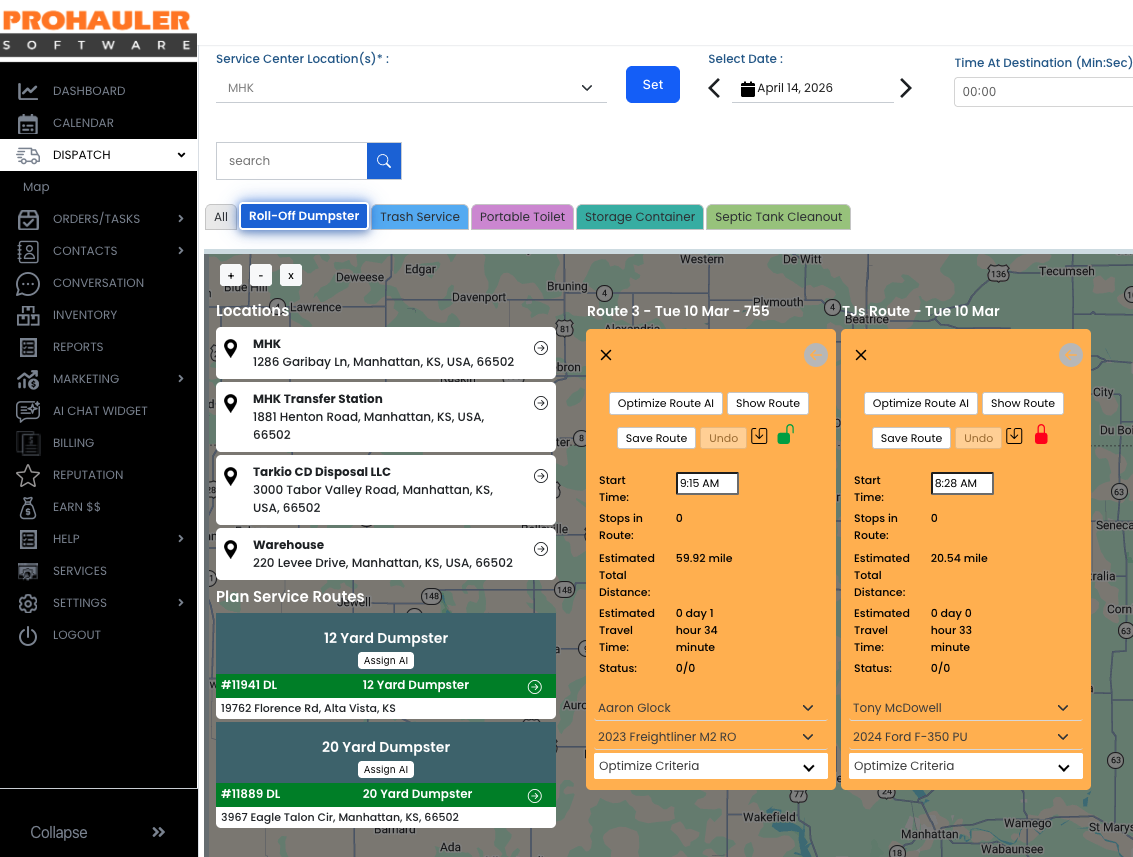 Dumpster Dispatch Software Screen showing map and routes