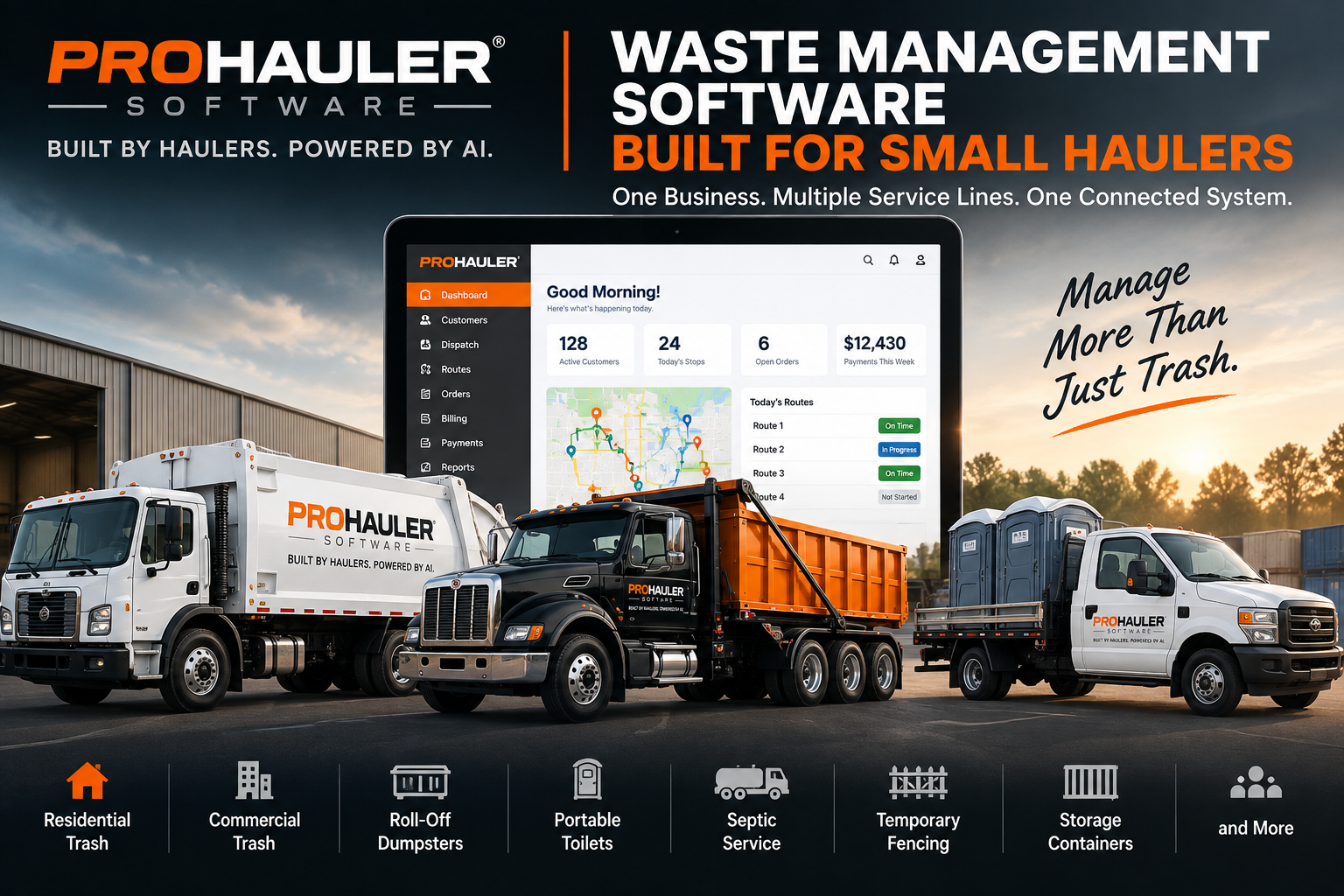 ProHauler Software for small waste haulers managing residential trash, commercial trash, roll-off dumpsters, portable toilets and other waste and site services.