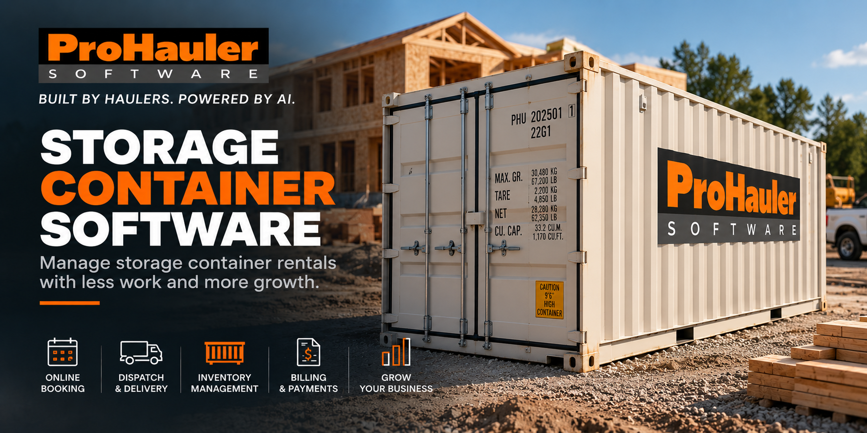Roll-off container at a construction site representing ProHauler container rental software for dumpster rental and roll-off companies.