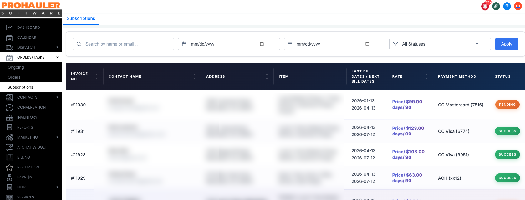 ProHauler Automated Billing Subscriptions