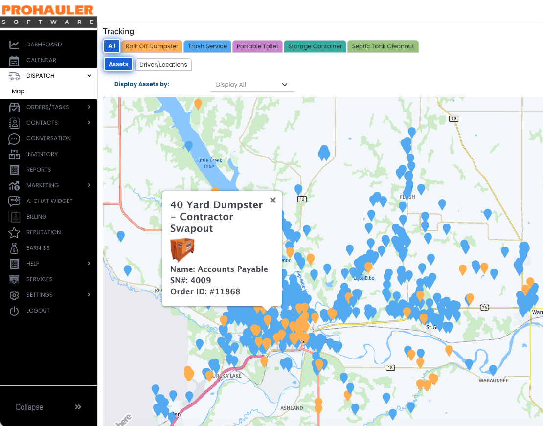 Asset Tracking Map showing Roll-Off Dumpsters
