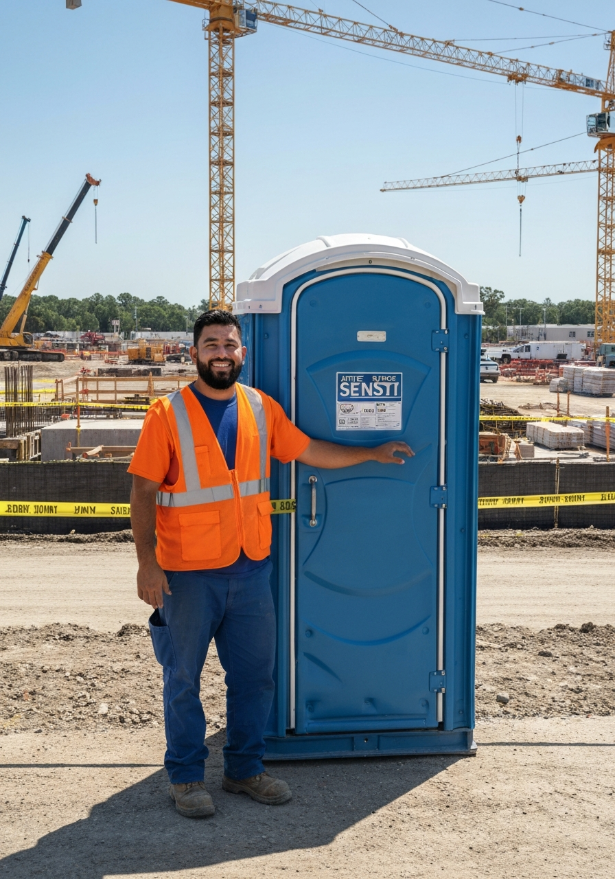 Portable toilet rental operator at construction site managing units with ProHauler software