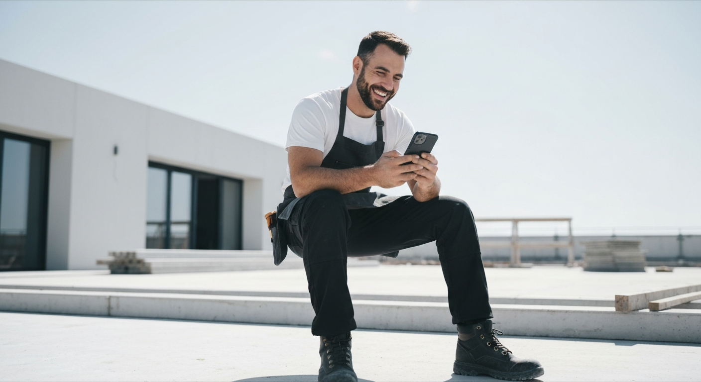 Tradesperson smiling at phone