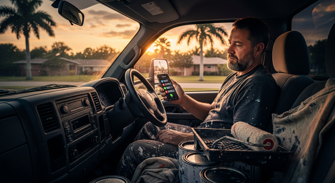 Painting contractor with multiple missed calls on phone screen after long Florida jobsite day