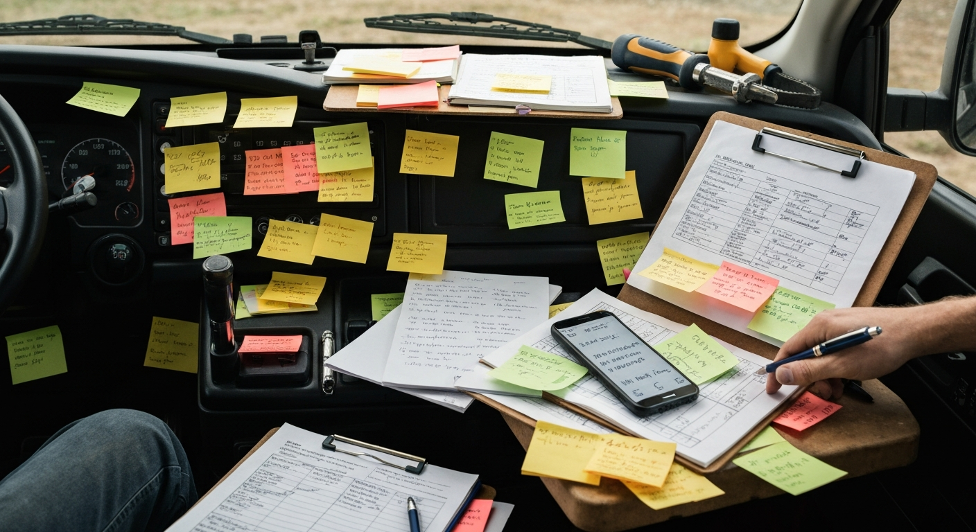 Contractor overwhelmed by disorganized job information and sticky notes