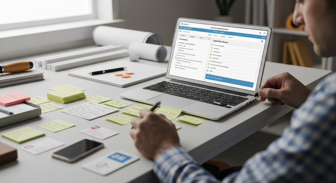 Contractor organizing messy notes into a structured digital system