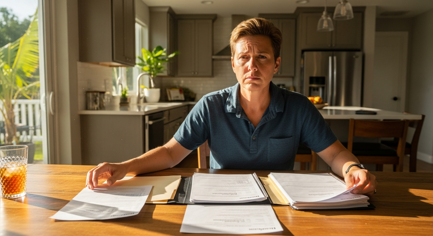 Homeowner at kitchen table comparing multiple painting estimates from different contractors
