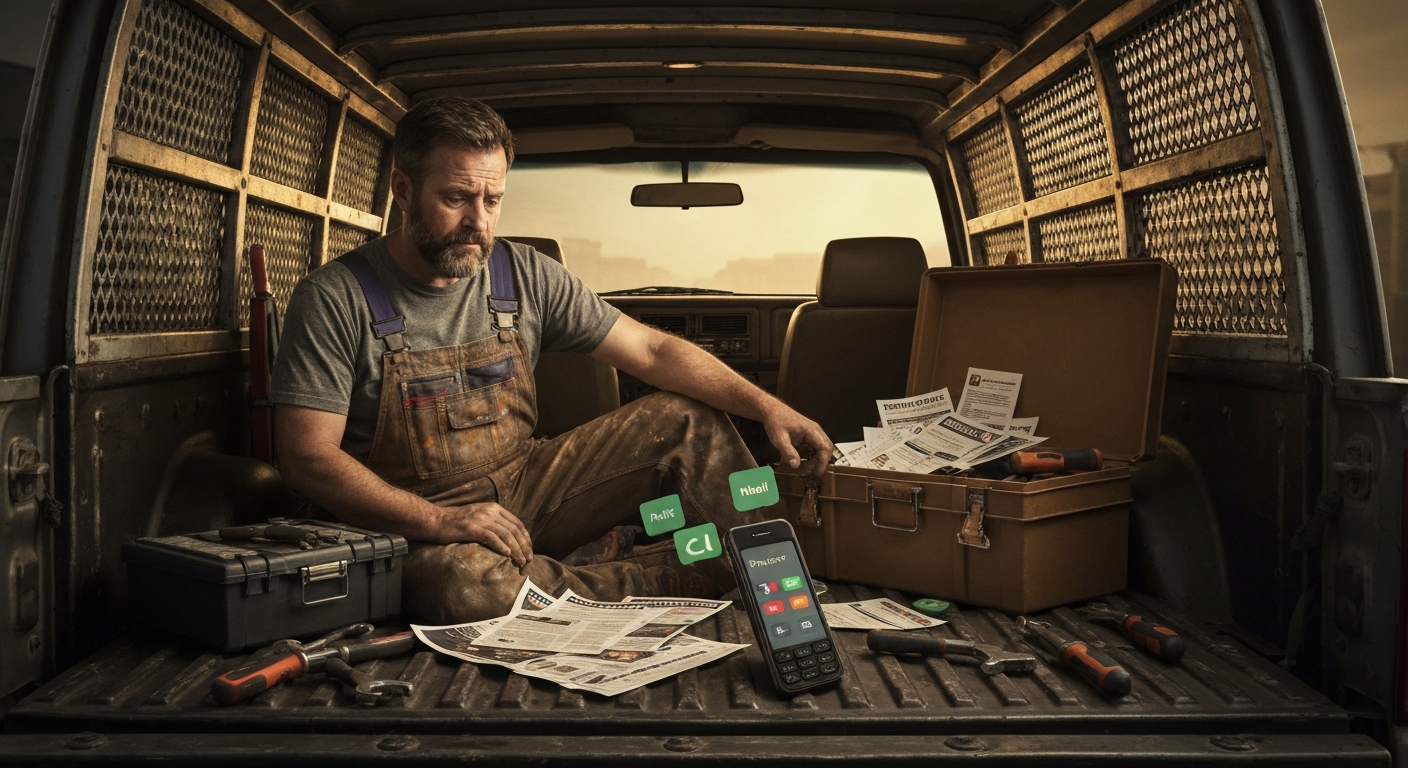 Overwhelmed contractor reviewing scattered marketing materials inside work truck