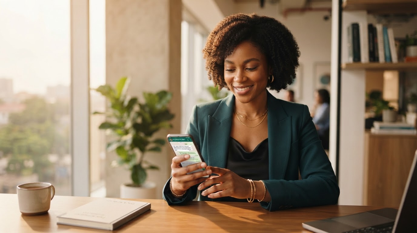 Nigerian business owner reviewing a WhatsApp conversation on her smartphone