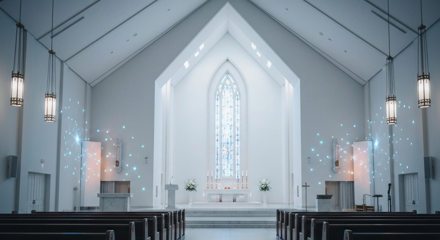 Church sanctuary with subtle glowing digital elements