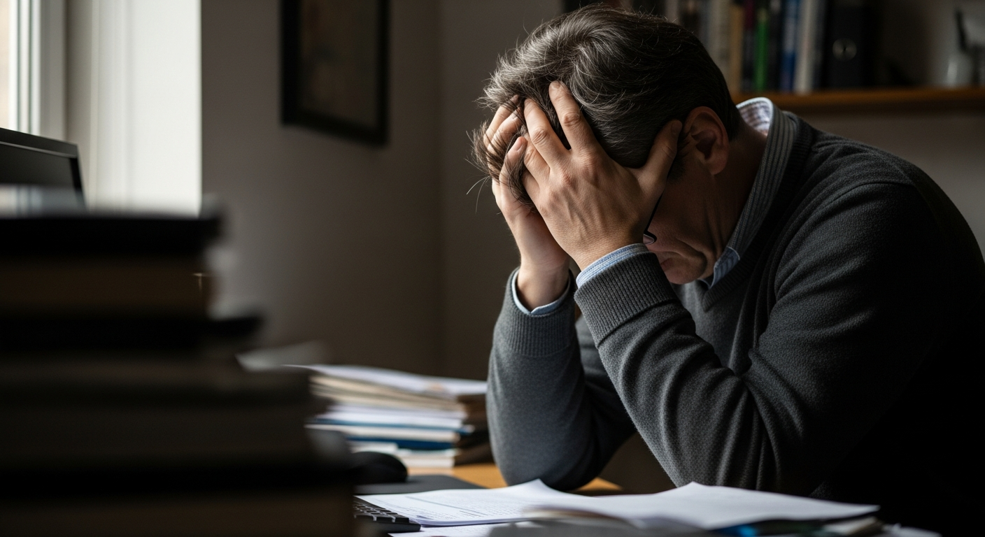 A person sitting at a desk looking frustrated, representing self-sabotage