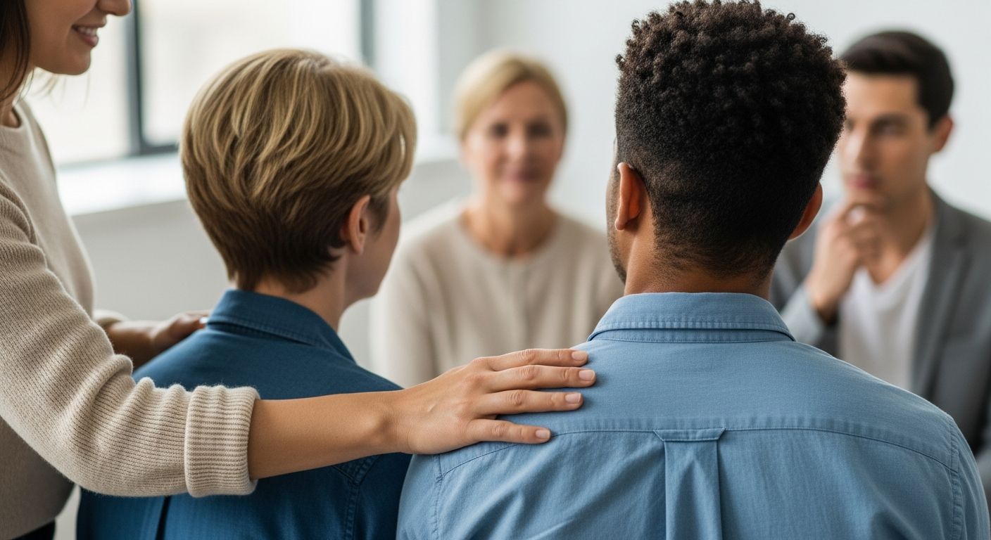 Two people holding hands in a comforting and supportive way, representing cancer support