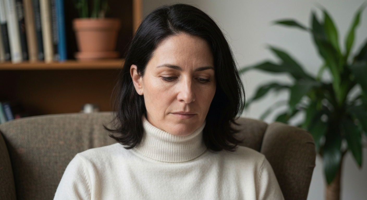 Woman in a subtle moment of self-silencing, holding back her words